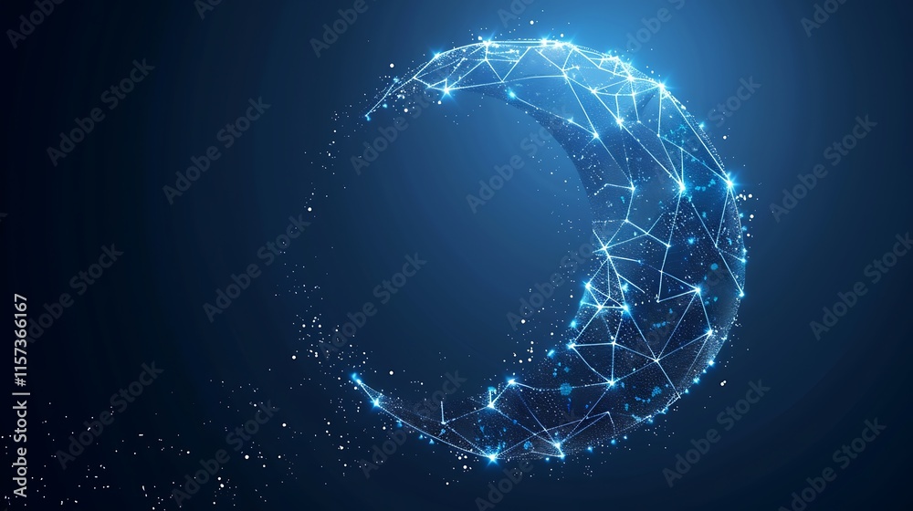Obraz premium Crescent Moon Digital Art Glowing Network Lines Dark Blue Background
