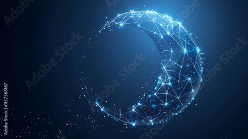 Crescent Moon Digital Art Glowing Network Lines Dark Blue Background