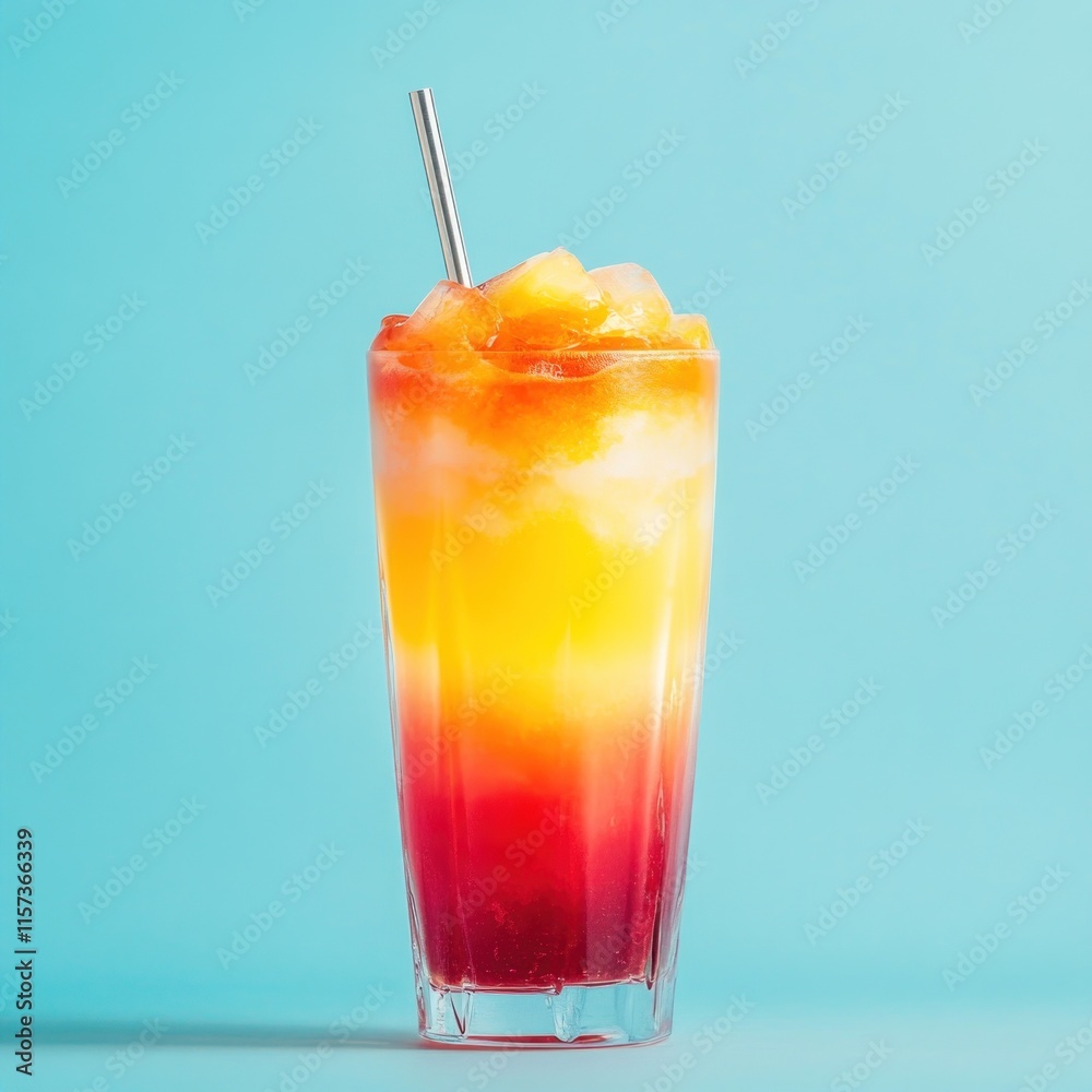 Refreshing layered summer cocktail in a tall glass with ice and a metal straw against a blue background. Refreshing layered summer cocktail in a tall glass with ice and a metal straw against a blue background.