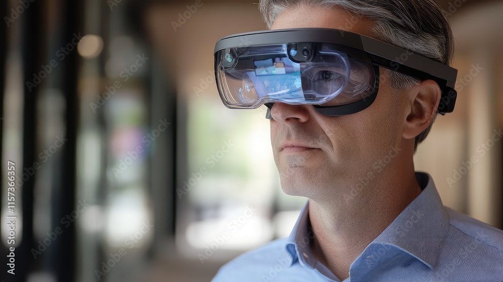 Professional man engaged in augmented reality technology with headset in modern office environment Professional man engaged in augmented reality technology with headset in modern office environment