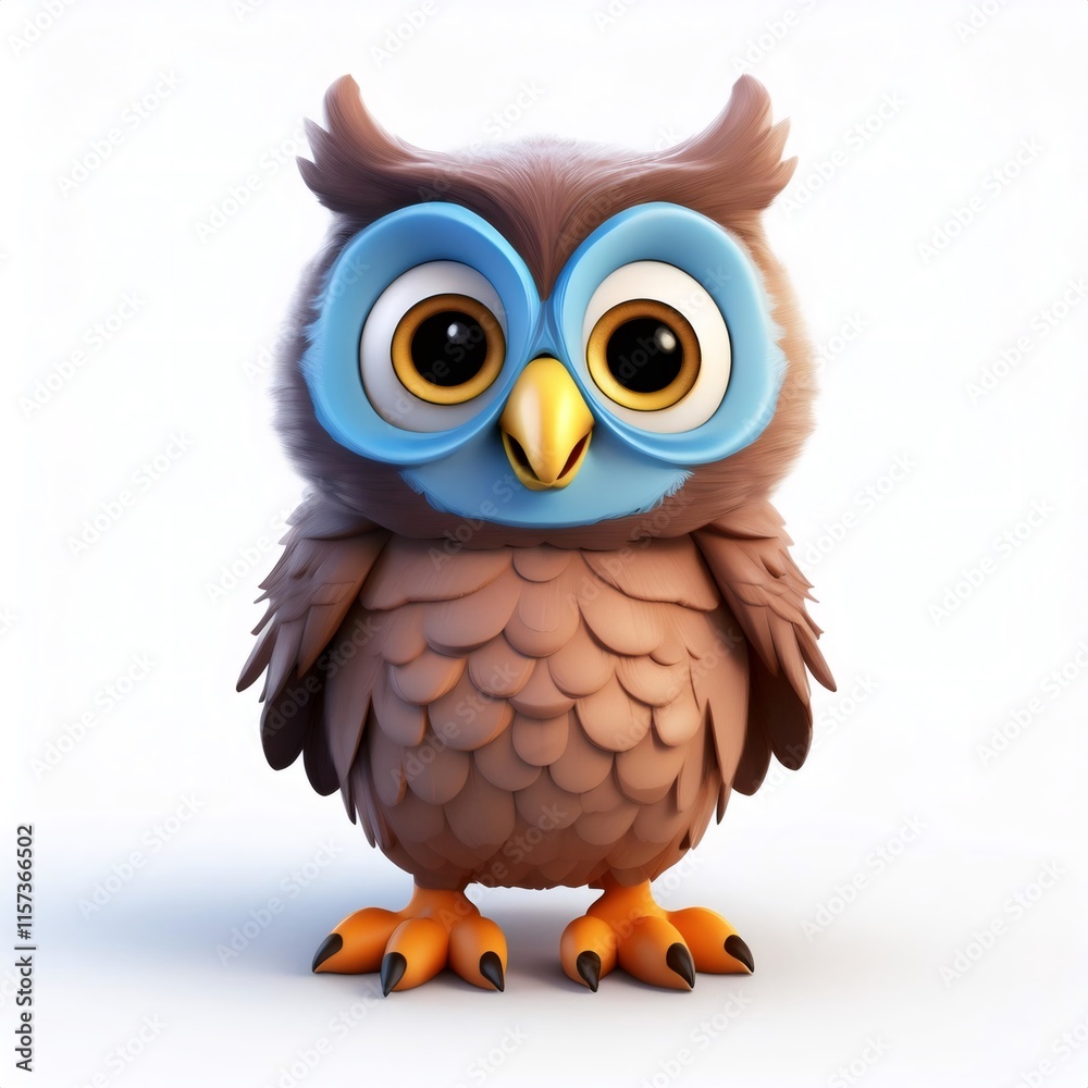 Fototapeta premium Cartoon owl with big blue eyes, brown feathered surface, perching against white background