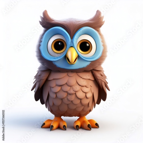 Cartoon owl with big blue eyes, brown feathered surface, perching against white background photo