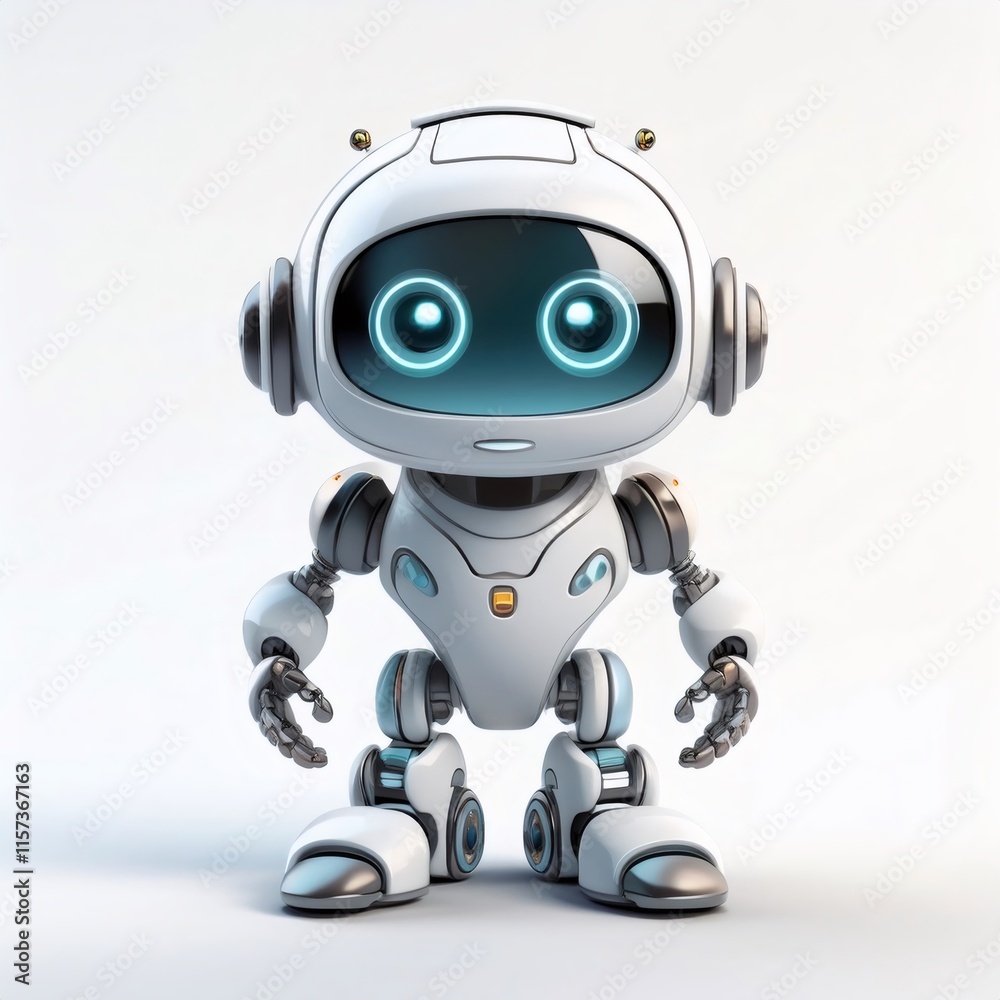 Friendly white 3D cartoon robot standing on pristine background, displaying sleek design with charming facial expression Friendly white 3D cartoon robot standing on pristine background, displaying sleek design with charming facial expression