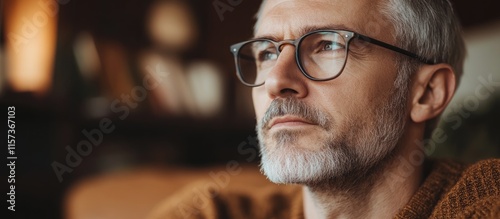 Contemplative middle-aged man in glasses reflecting on life with empty space for personal thoughts and messages