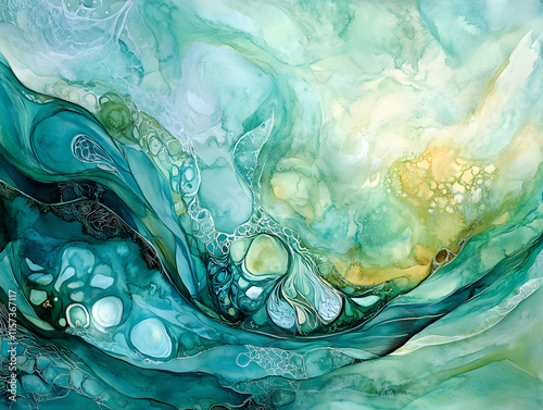 refreshing watercolor background blending oceanic hues with intricate abstract patterns, evoking sense of tranquility and fluidity in its artistic design photo