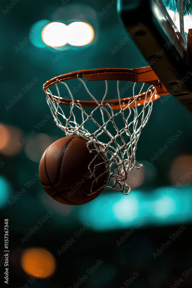 Fototapeta premium Basketball Through Hoop Net Close Up Indoor Arena Sport Game Scoring Success Orange Teal