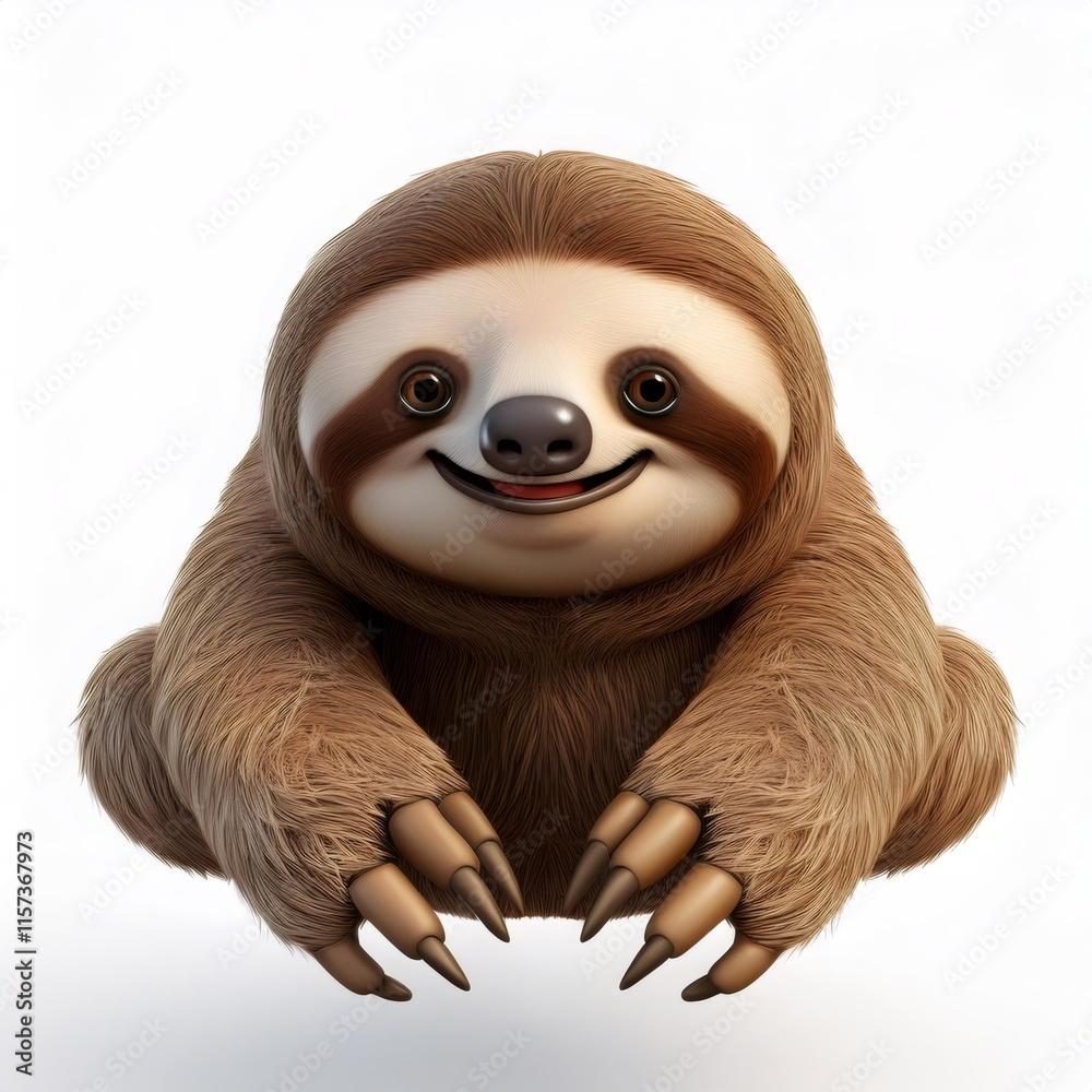 Fototapeta premium Adorable 3D cartoon sloth sitting and smiling, isolated on a white background, creating a cheerful and playful image