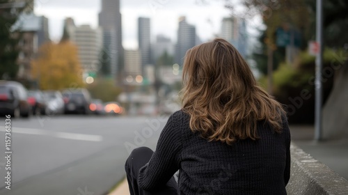 Homeless individual contemplating life on city street with urban skyline in background showcasing societal challenges and resilience photo