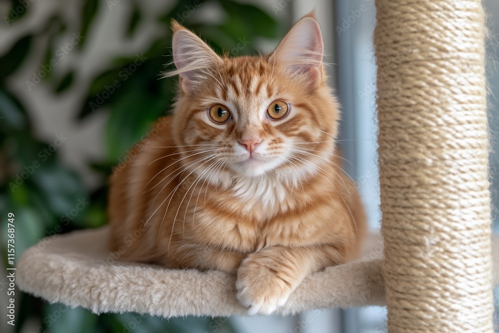 A fluffy orange cat lounging on a cat tree with a relaxed expression. A fluffy orange cat lounging on a cat tree with a relaxed expression.