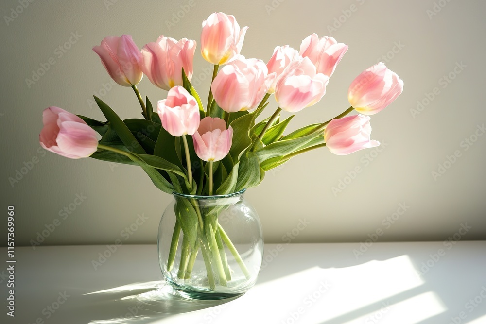 bouquet of pink tulips arranged in glass vase on clean white surface under bright natural light bouquet of pink tulips arranged in glass vase on clean white surface under bright natural light