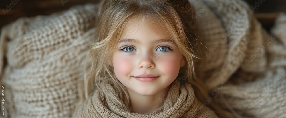Adorable Little Girl with Blue Eyes and Blonde Hair, Cozy Winter Portrait Adorable Little Girl with Blue Eyes and Blonde Hair, Cozy Winter Portrait