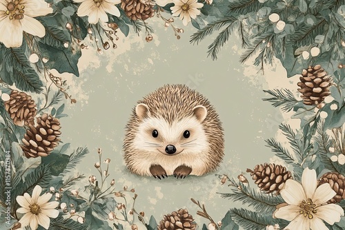 Adorable Hedgehog Surrounded by Winter Floral Wreath