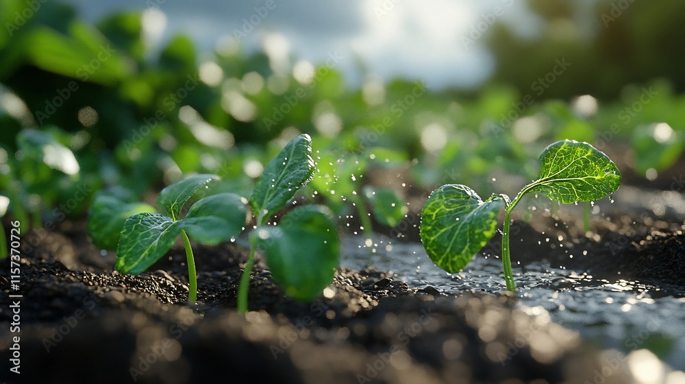 Young seedlings sprouting in fertile soil, watered by a gentle rain. Young seedlings sprouting in fertile soil, watered by a gentle rain.