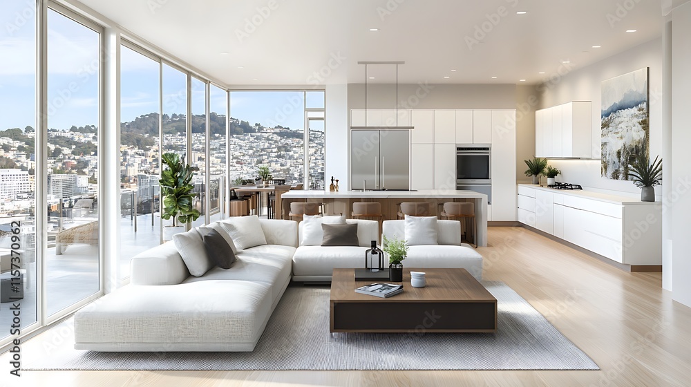 Fototapeta premium A brightly lit, modern interior with large windows overlooking a lake. 