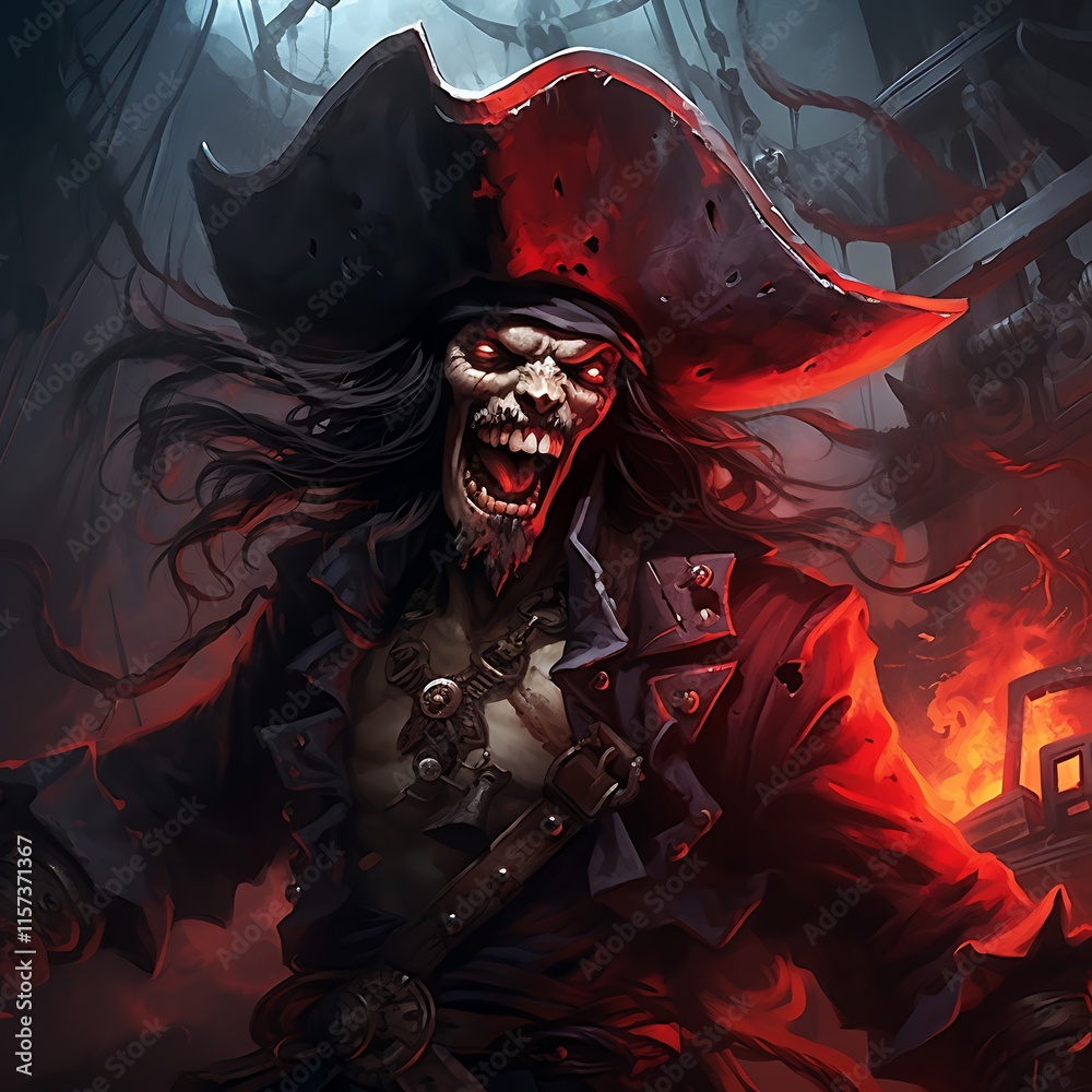 A sinister pirate with a skeletal face and dramatic attire, set against a dark, fiery backdrop. A sinister pirate with a skeletal face and dramatic attire, set against a dark, fiery backdrop.