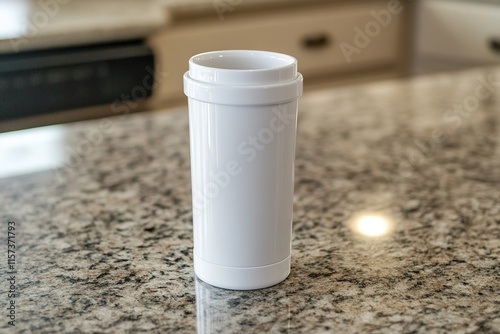 travel mug mockup with blank surface styled on granite countertop photo