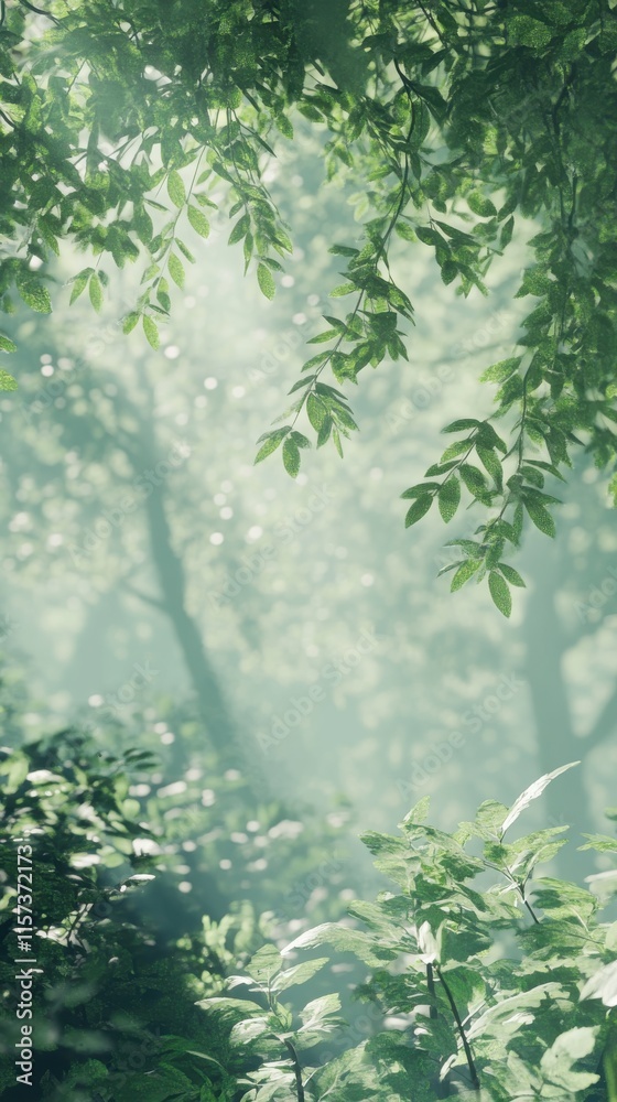 Obraz premium Mint green forest A peaceful forest scene with mint green foliage and a soft morning glow. HD phone wallpaper