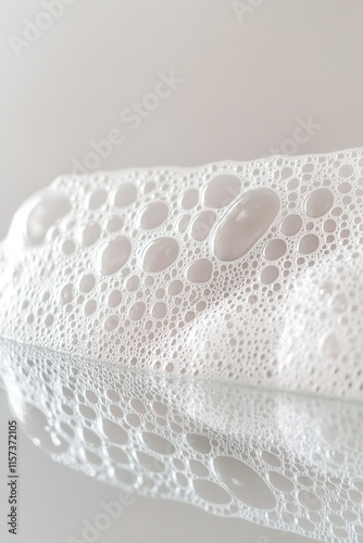 close-up of foamy cleanser bubble pattern displayed on reflective surface under bright lighting