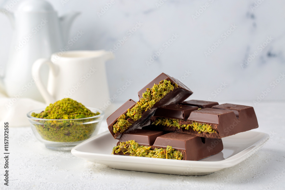 Trend chocolate; Dubai chocolate is made with pistachio paste and kadayif.