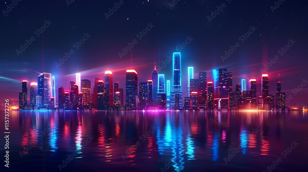 Vibrant cityscape at night with glowing neon lights reflecting on water. Futuristic skyscrapers create an imaginative skyline under a starry sky. Digital art, vibrant, and atmospheric.
Vibrant cityscape at night with glowing neon lights reflecting on water. Futuristic skyscrapers create an imaginative skyline under a starry sky. Digital art, vibrant, and atmospheric.