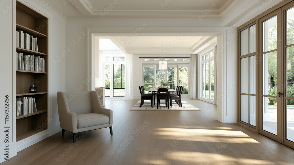 Modern interior design of a spacious dining area with natural light and elegant furnishings Modern interior design of a spacious dining area with natural light and elegant furnishings