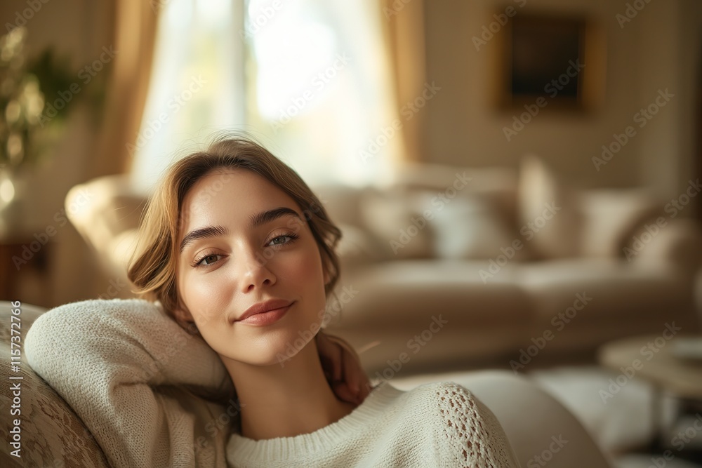 close-up portrait of woman relaxing in classic style living room with comfortable sofa and traditional décor close-up portrait of woman relaxing in classic style living room with comfortable sofa and traditional décor