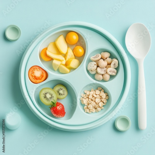 Baby's healthy meal on divided silicone plate. photo