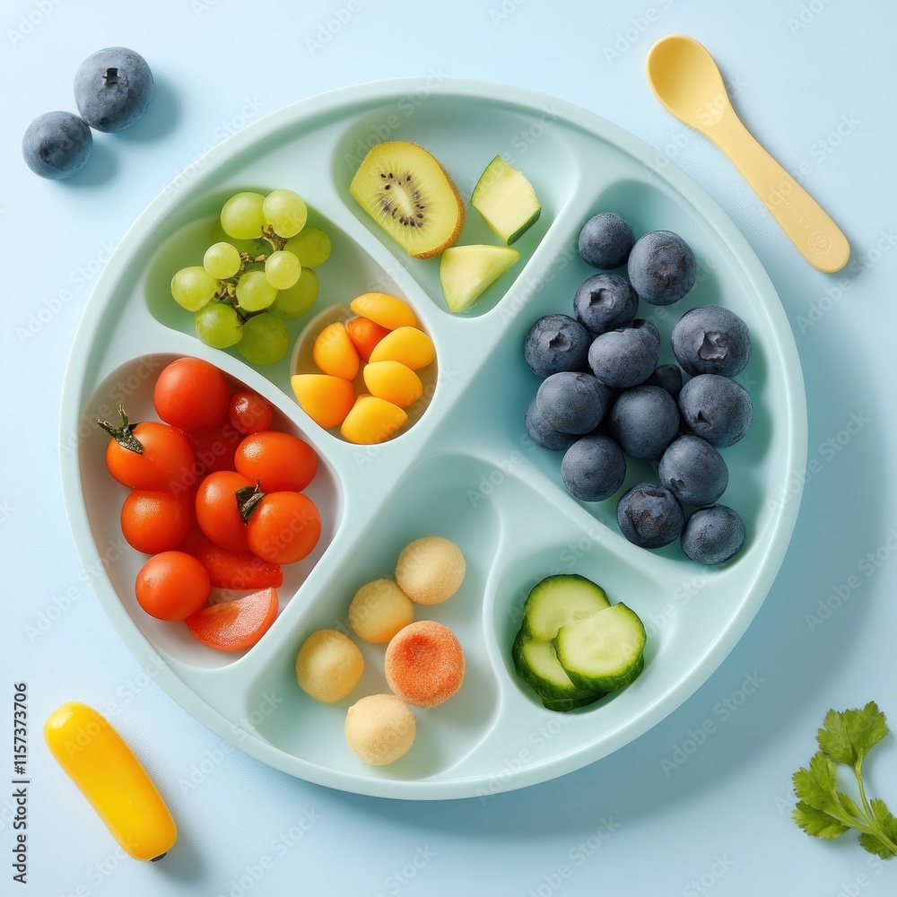 Healthy baby food plate with fruits and vegetables. Healthy baby food plate with fruits and vegetables.