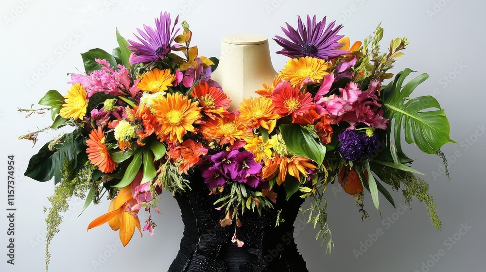 Fototapeta premium Luxury fashion display featuring a stunning floral arrangement of vibrant fresh flowers and lush green leaves on a dress form