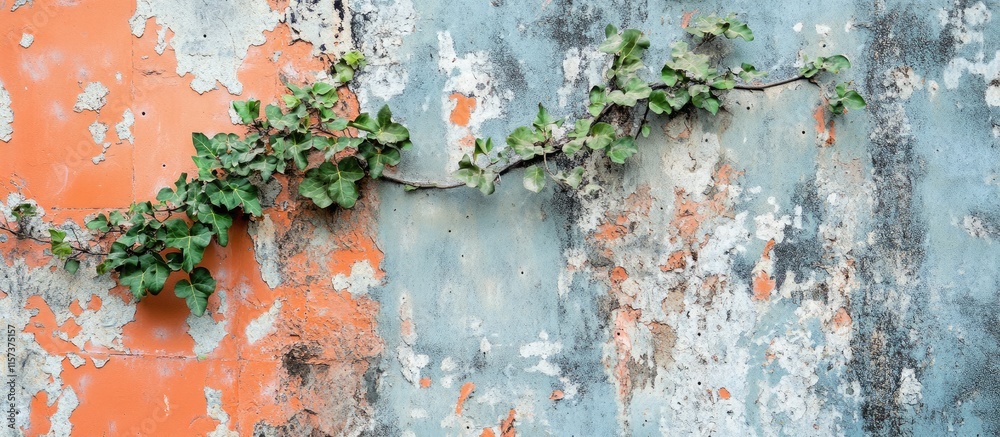 Fototapeta premium Texture of Weathered Wall with Ivy Growing Over It in an Abandoned Urban Setting Ideal for Backgrounds and Design Elements