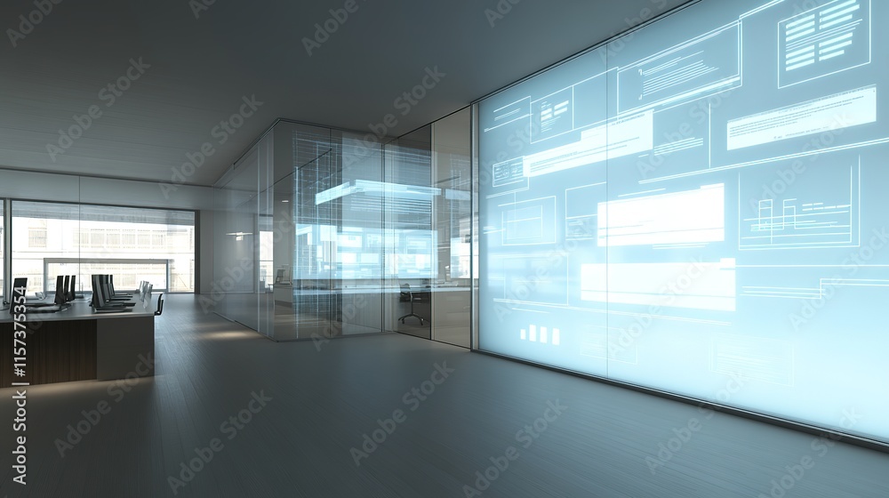 modern open-plan office featuring glowing software interfaces projected onto transparent glass walls modern open-plan office featuring glowing software interfaces projected onto transparent glass walls