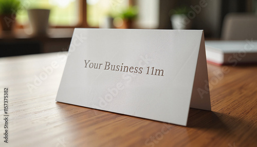 Embossed business card on wooden desk in office setting, professional branding photo