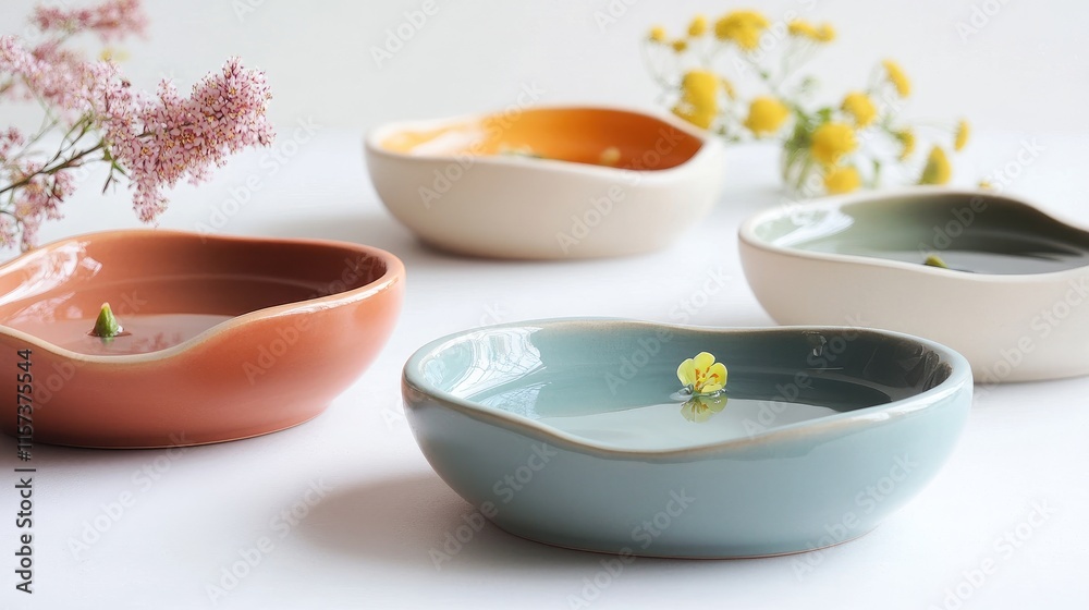 Elegant Minimalist Bowls with Water and Floral Arrangements in Soft Pastel Colors Elegant Minimalist Bowls with Water and Floral Arrangements in Soft Pastel Colors