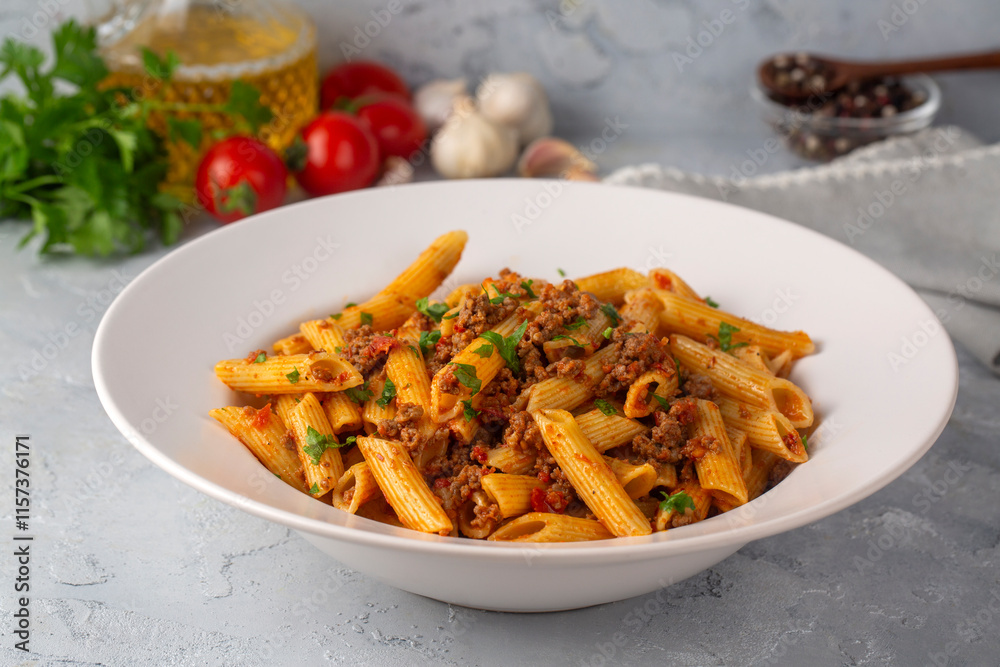 Penne pasta with minced meat and tomato sauce
