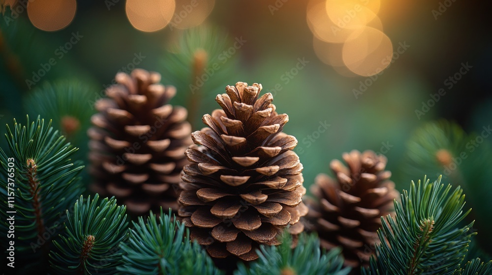 Three pine cones nestled in evergreen branches with bokeh lights. Three pine cones nestled in evergreen branches with bokeh lights.