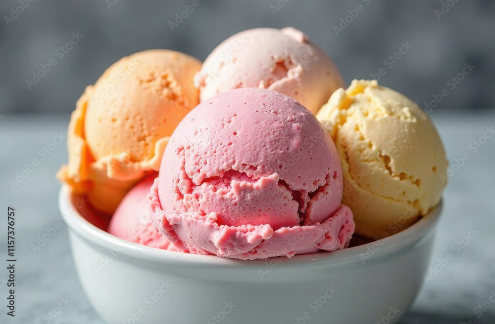 pink orange and yellow ice cream scoops in a white plate close-up pink orange and yellow ice cream scoops in a white plate close-up