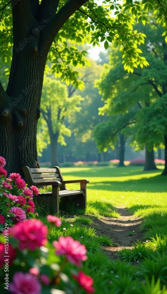 Naklejka premium Serene park landscape with blooming flowers and a wooden bench, surrounded by lush greenery and towering trees , wooden benches, nature scenery