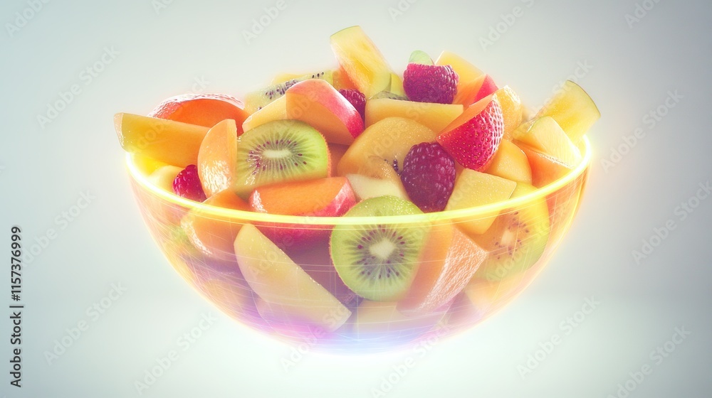 visually striking holographic bowl of fruit salad projected in mid-air with glowing edges under diffused studio lighting