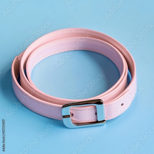 Pale pink leather belt with silver buckle. photo