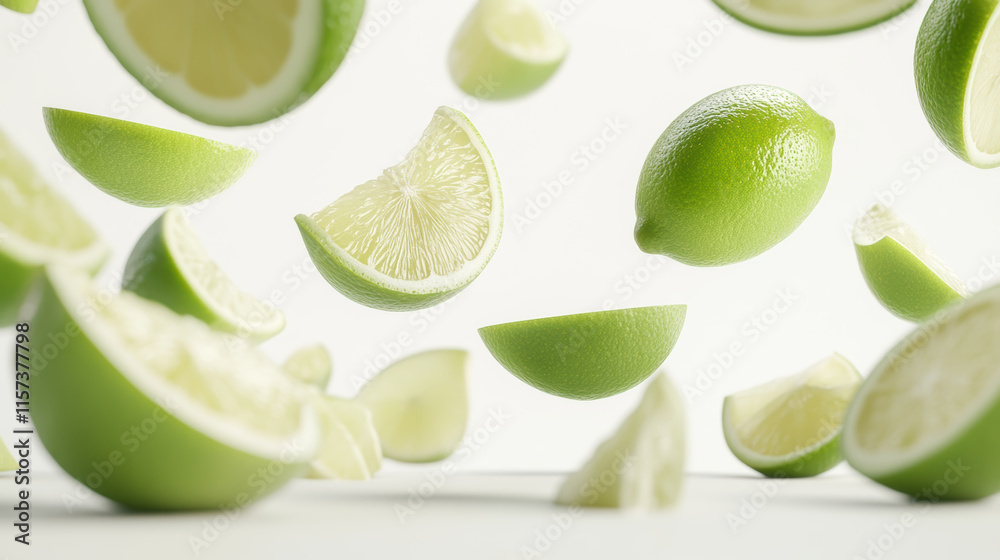Fresh green lemons and lime slices floating in air on white background Fresh green lemons and lime slices floating in air on white background
