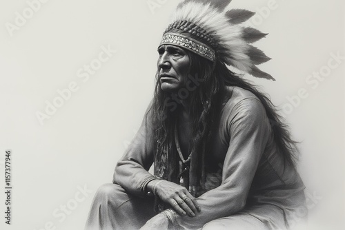 Indigenous Man in Traditional Attire with Feather Headdress