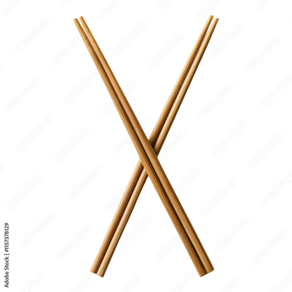 Two wooden chopsticks crossed in an X shape, showcasing their smooth texture and warm color. Two wooden chopsticks crossed in an X shape, showcasing their smooth texture and warm color.