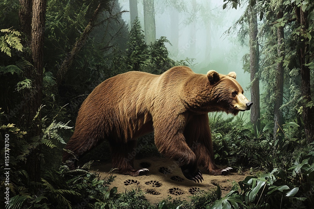 brown bear walking through dense forest its massive paws leaving prints in soft earth brown bear walking through dense forest its massive paws leaving prints in soft earth