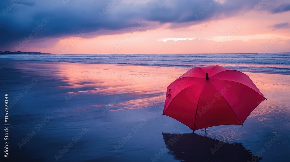 Red umbrella on a tranquil beach at sunset with vibrant skies and reflective wet sand creating a serene atmosphere for relaxation. Red umbrella on a tranquil beach at sunset with vibrant skies and reflective wet sand creating a serene atmosphere for relaxation.