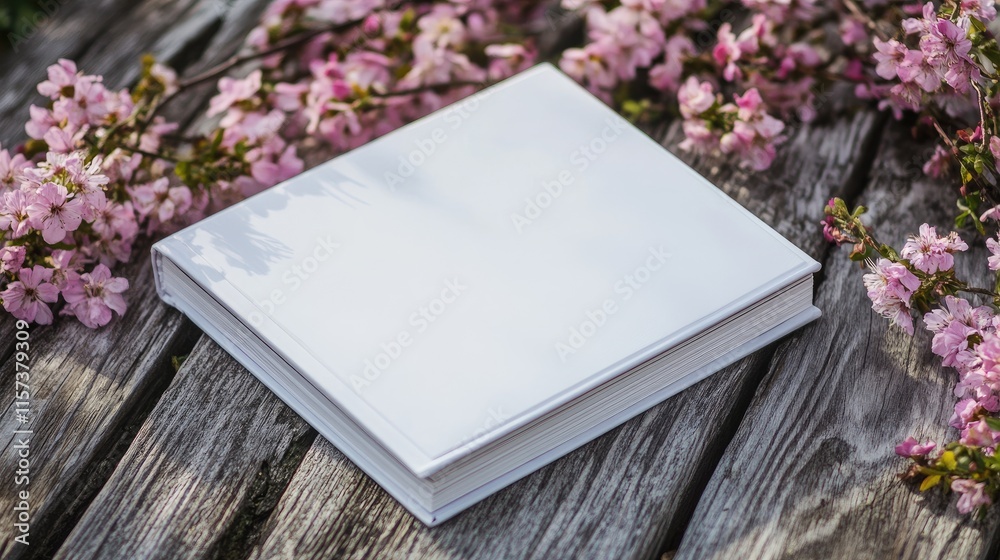 Fototapeta premium Blank album on a rustic wooden table surrounded by delicate pink flowers creating a serene and inviting atmosphere for memories.