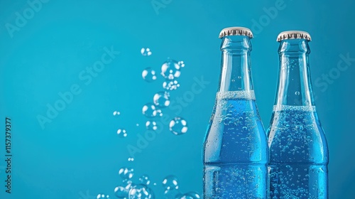 Fizzy beverage bottles with soda bubbles on a vibrant blue background showcasing the refreshing allure of carbonated drinks. photo