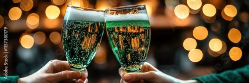 Festive St. Patrick's Day Celebration with Green Beer and Shamrock Decor in a Cozy Pub Setting, Bokeh Background photo