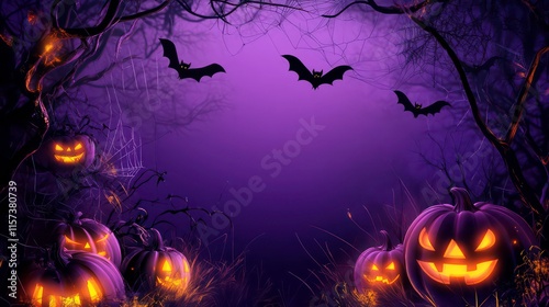 Spooky Halloween scene with glowing pumpkins and bats in a dark forest. photo