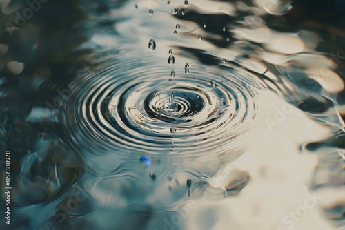 Droplets of water forming concentric ripples in a shallow blue pond under soft light. photo