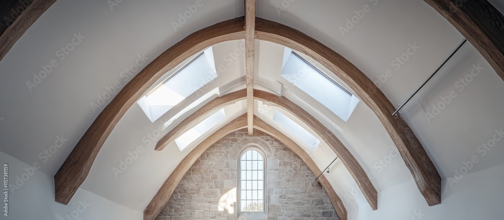 Fototapeta premium High Vaulted Ceiling with Wooden Beams and Skylights in Modern Interior Space for Architectural Design and Text Layout